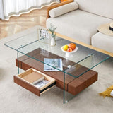 ZNTS 43.3 Inch Modern Two-Tier Coffee Table - Clear Tempered Glass and Dark Wood Grain, Multifunctional W1151P232626