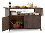Outdoor Wicker Storage Cabinet, Solid Acacia Wood Patio Bar Cart with Lockable Universal Wheels, 41232191
