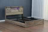 Farmhouse Bed Frame Queen Size with LED Lights and Charging Station, Wooden Queen Bed with 2 Storage W1670P255538