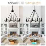 Rustic Farmhouse 10-Light Candle Chandelier, Black Metal and Wood Round Hanging Light Fixture for W1340P221222