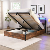 Lift-up Storage Bed Frame, Queen Size Bed Frame with Bookcase Headboard & LED Lights, Wooden W1916P184705
