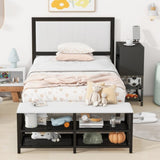 Twin size Metal Platform Bed with Two-Tier Storage Shelves, Wooden Storage Cabinet, Black N737P199330B