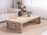 47.2" Rustic Carved Wood Coffee Table Handcrafted Look with Ornate Side Panels, Natural Finish W2729P298156