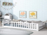 Twin Size Floor Bed with Fence without Door, Rubber Wood Floor Bed with Safety Guardrails,White W504P296795