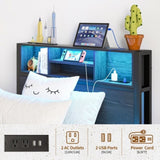 Twin Size Bed Frame with Storage Headboard, Metal Platform Bed with Charging Station, Bookcase W840P201065