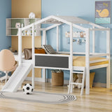 ZNTS Twin Size Loft Bed with Ladder and Slide, House Bed with Blackboard and Light Strip on the Roof, WF324323AAK