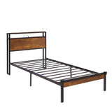 Twin Size Metal Platform Bed Frame with Wooden Headboard and Footboard with USB LINER, No Box Spring W311134483