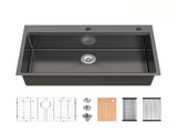 Stainless Steel Kitchen Sink, 36x22 Single Bowl, Overmount Handmade Sink in Black, with Cutting 80406989