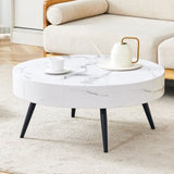 ZNTS 31.5" White Marble-Patterned MDF Round Coffee Table with black Metal Legs.Adjustable Feet,Coffee W1151P205775