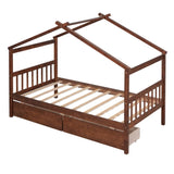 ZNTS Twin Size Wooden House Bed with Drawers, Walnut WF300799AAL