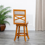 30" Bar Height X-Back Swivel Stool, Natural Finish, Beige Fabric Seat B04660717