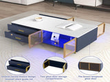 Modern Navy Blue Coffee Table with 2 Glass Door Storage, 4 Drawers, Gold Metal Legs, and Multi-Color N735P167910