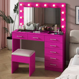Vanity Desk Set with Large Lighted Mirror and Powre Outlet, Glass Top Makeup with 7 Drawers, 99371963