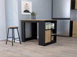 Black and Natural Oak 1-Door Kitchen Island with Open Storage B062P227648