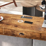 3-Drawer Long Dining Table Set with Power Outlets, Bar Kitchen Table Set with Circular PU Stools, W757134229