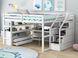 Full Size Loft Bed with Desk and Shelves, Two Built-in Drawers, Storage Staircase, White 48024197