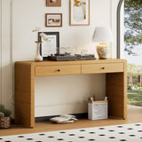 TREXM Curved Table with Storage, Wooden Entryway Table with 2 Drawers, Farmhouse Rustic N715P244723D