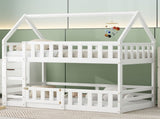 Twin over Twin House Bunk Bed with Fence and Door, White WF313047AAK