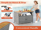 Outdoor Wicker Storage Cabinet, Solid Acacia Wood Patio Bar Cart with Lockable Universal Wheels, 70797821