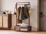 Solid Wood Freestanding Coat Rack with Rolling Wheels & Storage Basket, 27.56"15.75"70.87", Walnut W5368P553521