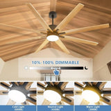 ZNTS 76 Inch Ceiling Fan with Lights Remote Control 8 Solid Wood Blades with 18W Dimmable LED Light W934P150062