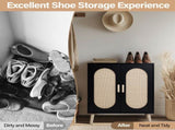 2-door vertical shoe cabinet particle board plastic rattan black frame original wood rattan 51206975