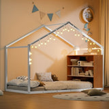 Twin Size Metal Bed House Bed Frame with Shelves and Lights, White N737P176708K