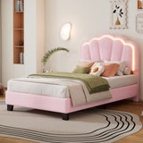 Twin Size Upholstered Flower-Shape Bed, Elegant Flowers Headboard with LED Light Strip ,Sherpa N733P177307H