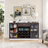 Double Glass Door with Single Drawer and 12-Bottle Wine Rack Sideboard in Black Frame White-Brown 64021820