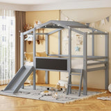 Twin Size Loft Bed with Ladder and Slide, House Bed with Blackboard and Light Strip on the Roof, WF324323AAE
