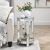 ZNTS Mirror round table with crystal inlay, 2-layer modern small sofa table with storage space, silver W1005P189336