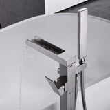 ZNTS Bathroom Freestanding Waterfall Tub filler Brushed Nickel Floor Mount Faucet with Hand Shower W122453934