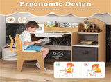 Kids Table and Chair Set with Storage Drawers House-Shaped Study Desk for Playroom Bedroom- Natural 44754457