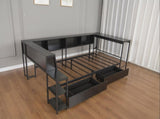 Corner Bed Frame Twin Size with Bookcase and 2 Underbed Storage Drawers, Modern Twin Bed with LED W1670P357170