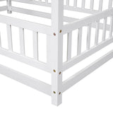 ZNTS Full Size Floor Wooden Bed with House Roof Frame, Fence Guardrails ,White W1791P148196