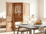 3 Panel Paulownia Wood Folding Room Divider, Tree Leaf Cutout Top & Louvered Lower Panel 43494743