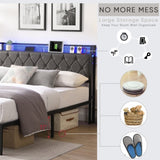 Queen Bed Frame Storage Headboard, Charging Station and LED Lights, Upholstered Platform Bed W1916124804