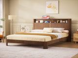 Queen-size slatted bed frame with storage, built-in charging ports, wave-shaped design, and metal W1162P440051