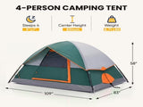 4 Person Waterproof Camping Tent with Rainfly, Easy Setup Dome Tent with Mesh Windows & Skylights, 32540810