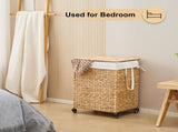 100L 2-Section Laundry with Lid and Wheels, Woven Natural Water Hyacinth Rolling Laundry 17904538