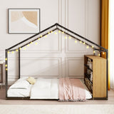 Full Size Metal Bed House Bed Frame with Shelves and Lights, Black N737P176706B