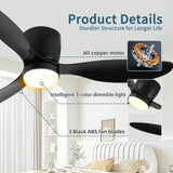 52" Smart Flush Mount black Ceiling Fans with Lights Remote,Quiet DC Motor,Outdoor Indoor Low W2352P316049