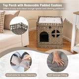 2-Tier Wicker Cat Condo with Litter Mat - Hidden Litter Box Enclosure, Detachable Washable Cushion, 98775677
