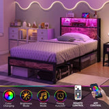 Twin Size Bed Frame with Storage Headboard, Metal Platform Bed with Charging Station, Bookcase W840P294072