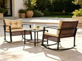 3-Piece Outdoor PE Rattan Rocking Chair Conversation Set with 2-Tier Glass Coffee Table, Heavy Duty 86551624