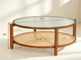 Walnut Boho 2Tier Round Coffee Table, PE Rattan Accent Side Table with Tempered Glass Top, Solid 57774693