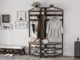 Corner Hall Tree with Shoe Bench Entryway Coat Rack with 10 Metal Movable Hooks Floor Standing 74199774