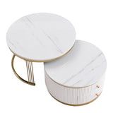 ZNTS Modern 2 Pieces White Round Nesting Coffee Table with Drawers in 27.6'' 61260641