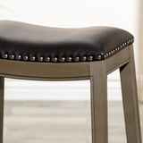 24" Counter Height Saddle Stool, Weathered Gray Finish, Black Leather Seat B046109806