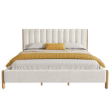 King Size Bed Frame with Boucle Upholstered Thick Headboard, Solid Wooden Legs, White N757P256984K